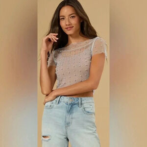 Altar'd State Ana Pearl Studded Mesh Top NWT